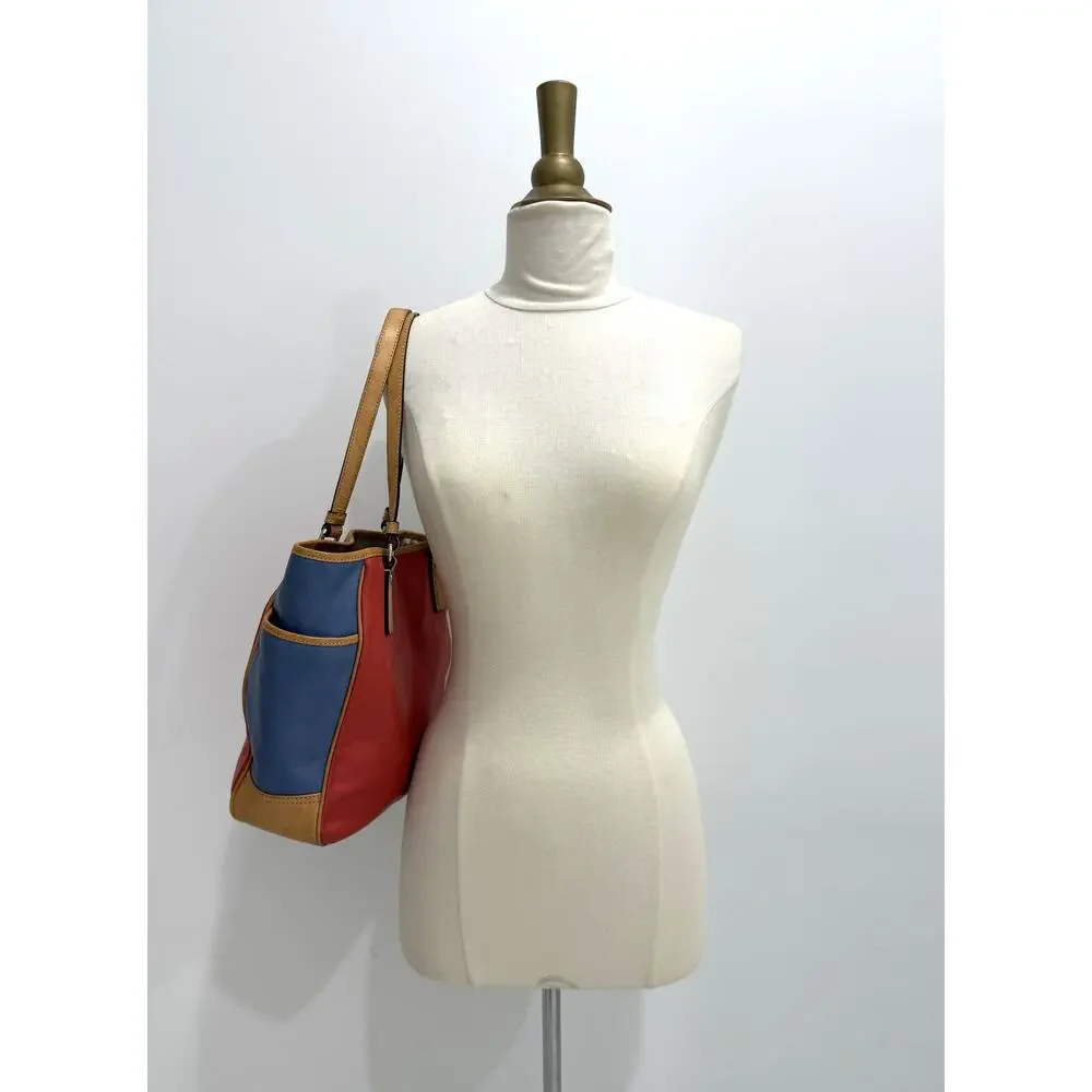 Coach F23683 Park Color Block Leather Tote Shoulder Bag Red Blue Tan